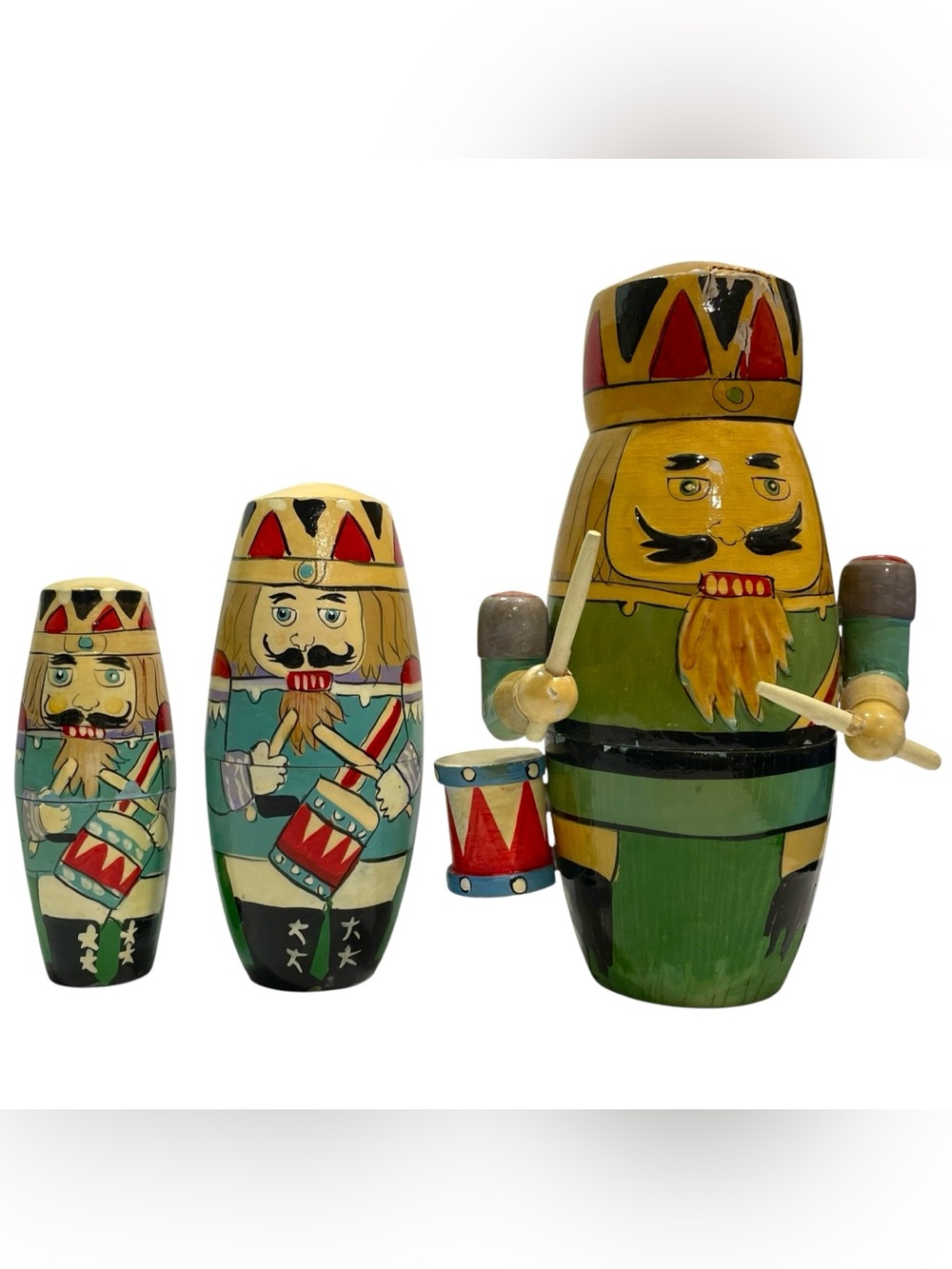 Vintage 1970s Hand-Painted Wooden Nutcracker Soldier Set of 3 Nesting Dolls
